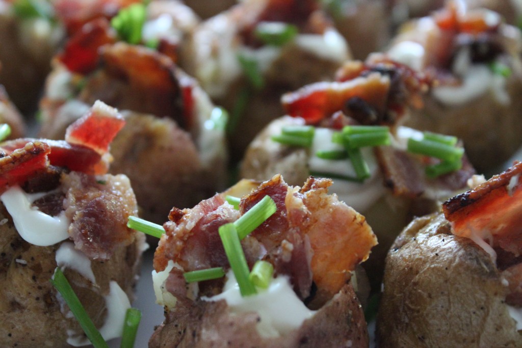 Mini Baked Potatoes with Bacon + Chive Sour Cream