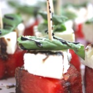 Watermelon Feta skewers with Basil + Balsamic Drizzle