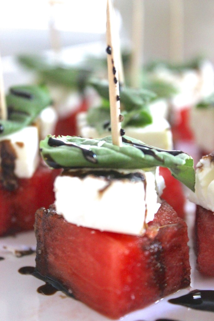 Watermelon Feta skewers with Basil + Balsamic Drizzle