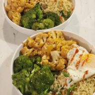 Ramen Noodle Bowls with General Tso’s Cauliflower and Roasted Broccoli