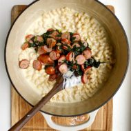 White Cheddar Mac n’ Cheese with Sausage + Spinach