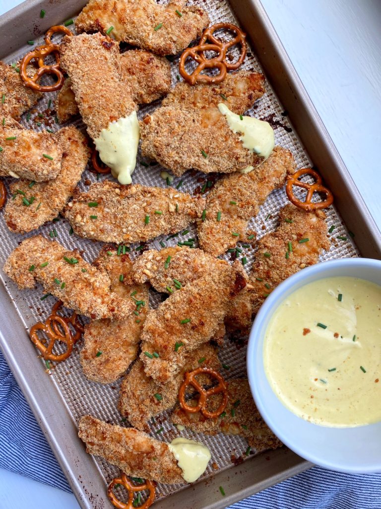 Pretzel Crusted Chicken Tenders with Honey Mustard Dipping Sauce