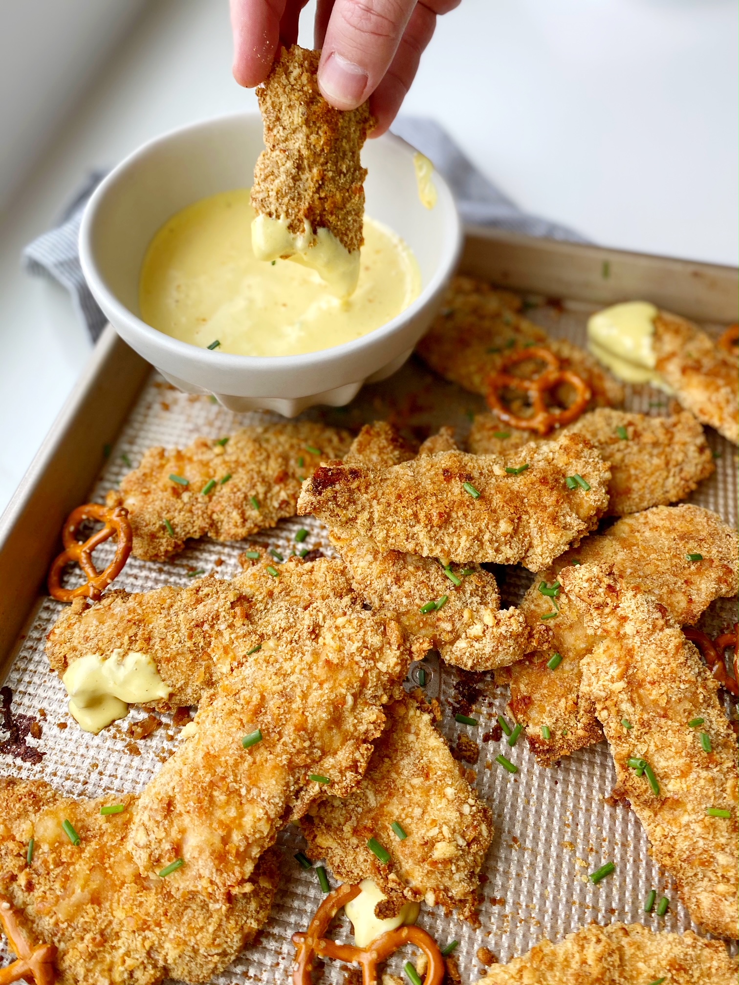 Pretzel Crusted Chicken Tenders with Honey Mustard Dipping Sauce The